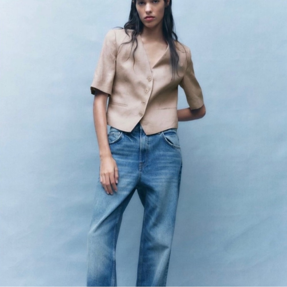 Zara Tan Cropped Linen Blazer size M